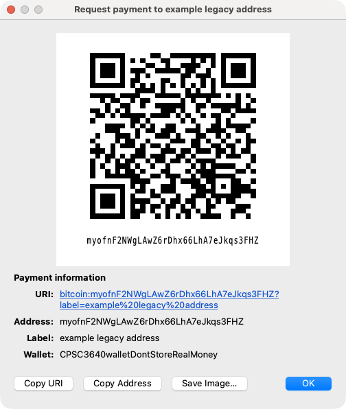 Bitcoin Core window showing the details of a receiving address