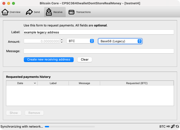 Bitcoin Core receive tab configured to create a legacy address