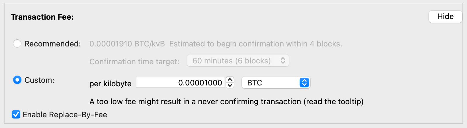 Bitcoin Core transaction fee settings with a custom fee selected