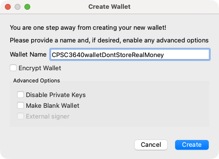 Bitcoin Core dialog for creating a new wallet
