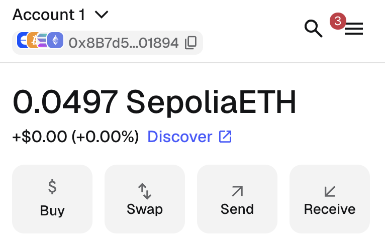 MetaMask showing a balance of 0.0497 SepoliaETH