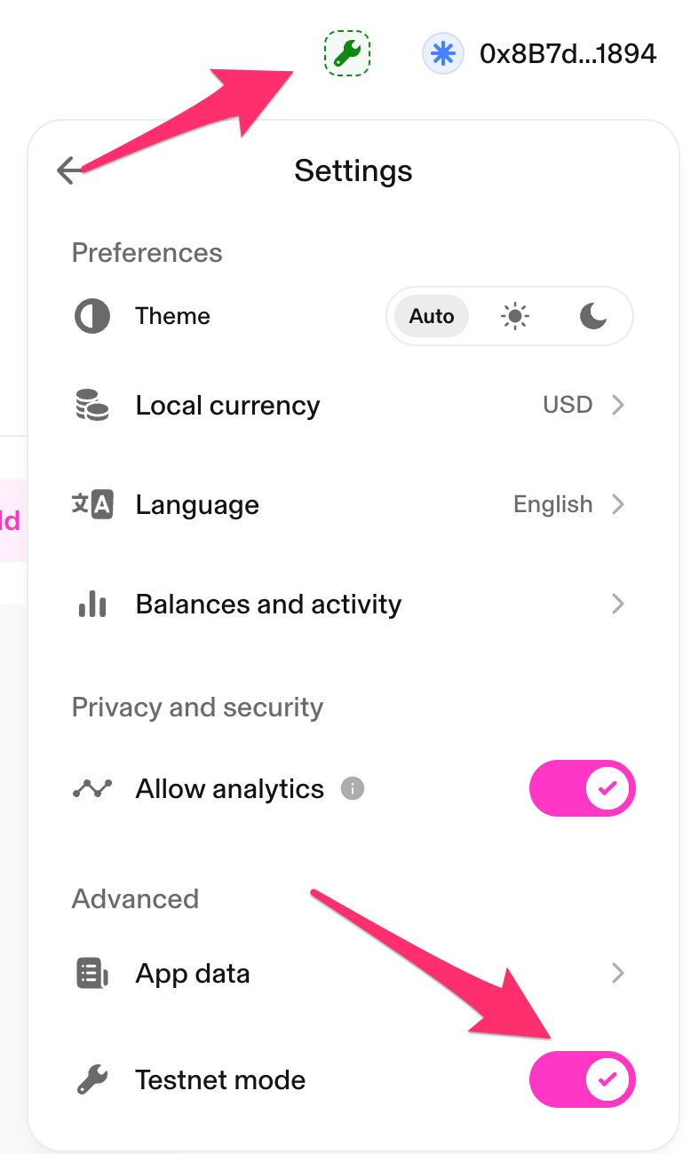 Uniswap settings with Testnet mode enabled